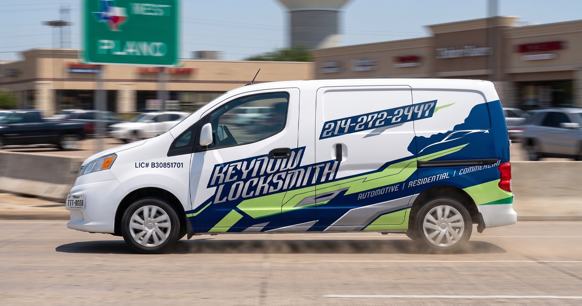 KeyNow Locksmith service van staged along the Dallas North Tollway for Plano and Frisco calls